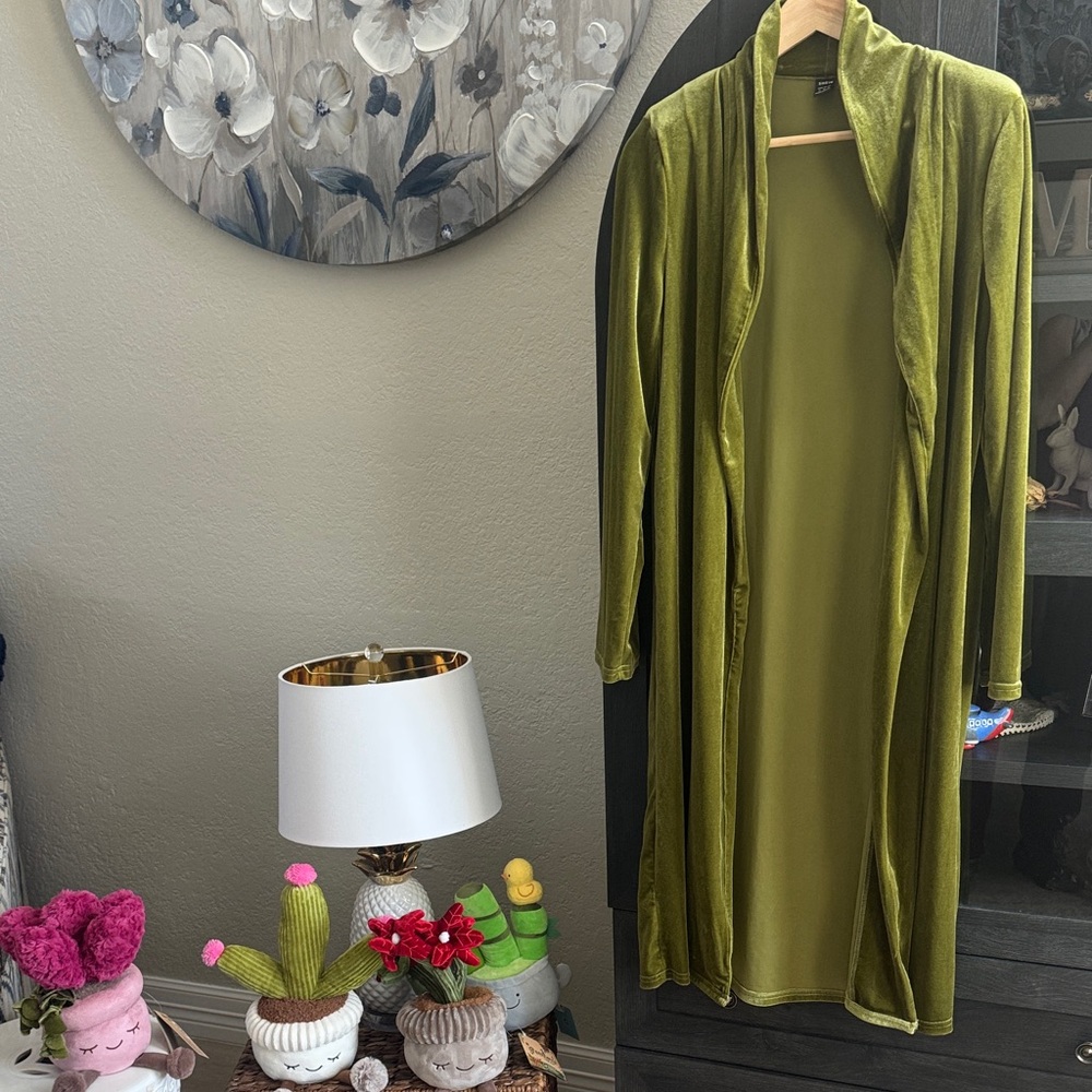SHEIN Olive Velvet Long Open-Front Duster